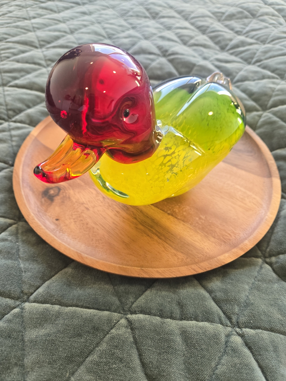 Vintage Handblown Glass Duck Figurine in Red and Green
